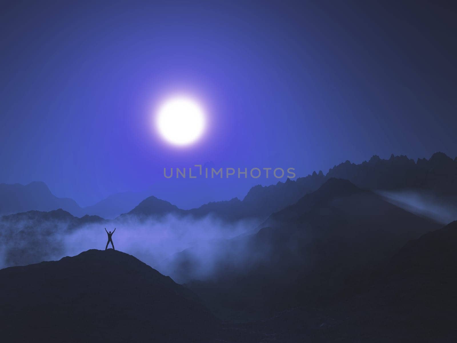 3D render of a male figure on a mountain landscape with low clouds against a sunset sky
