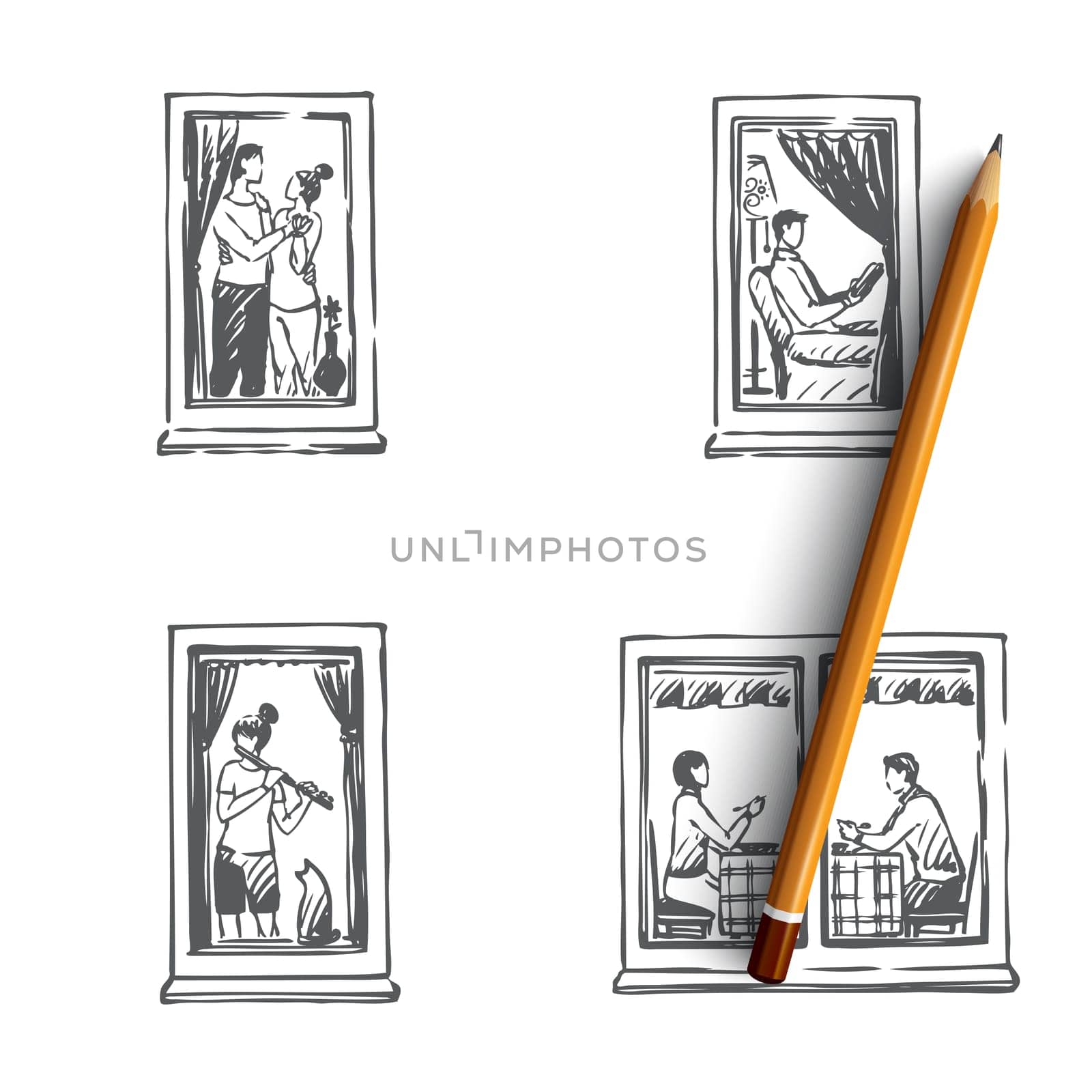 Windows of house - people dancing, reading, playing music, eating in windows of their flats vector concept set. Hand drawn sketch isolated illustration