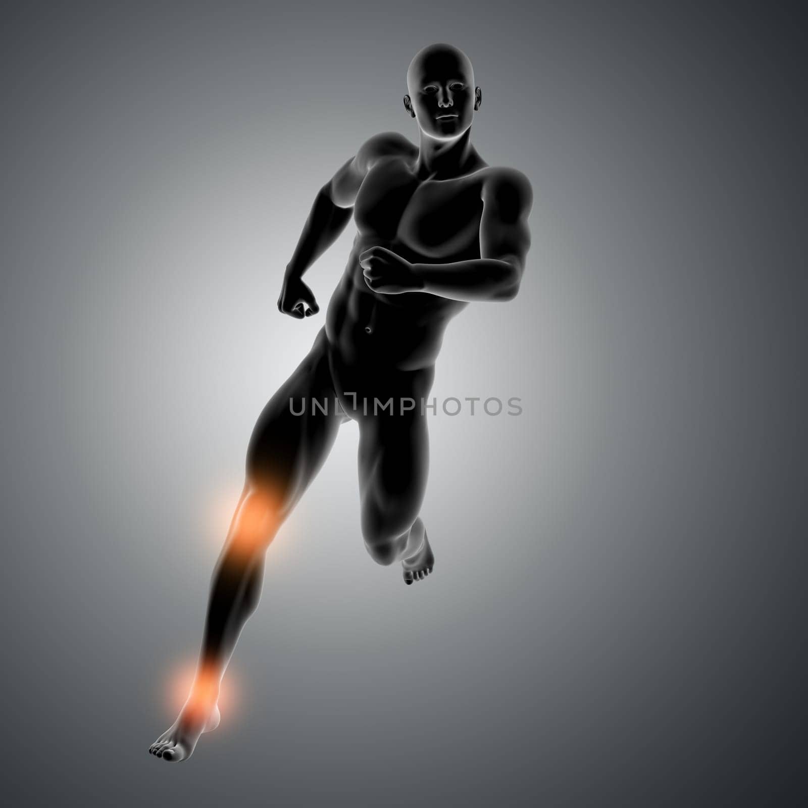 3D render of a male figure running with knee and ankle highlighted
