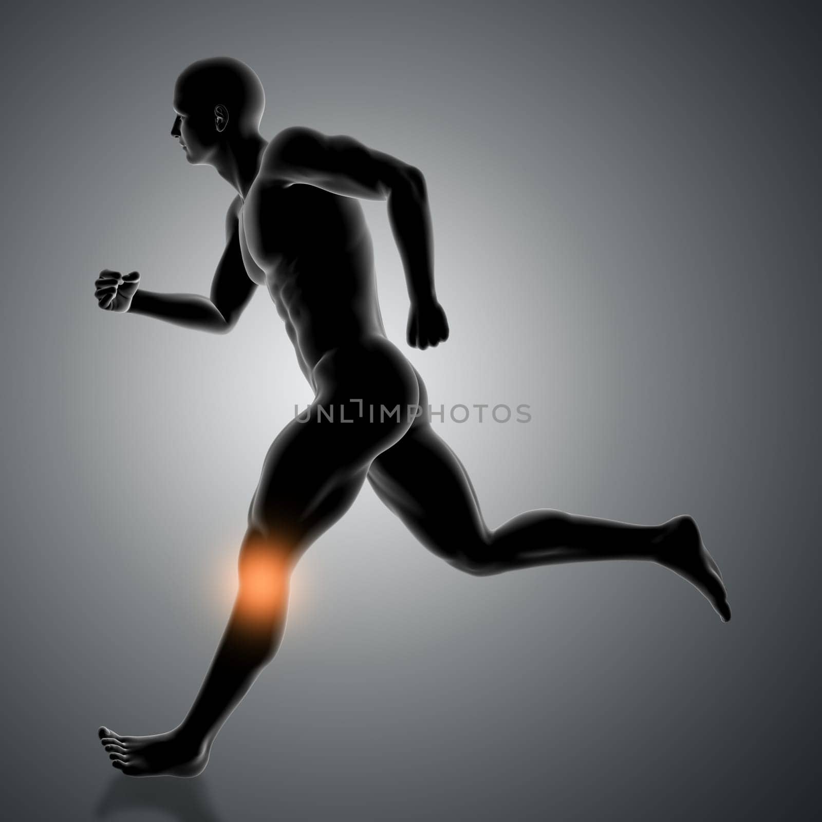 3D render of a male figure running with knee highlighted