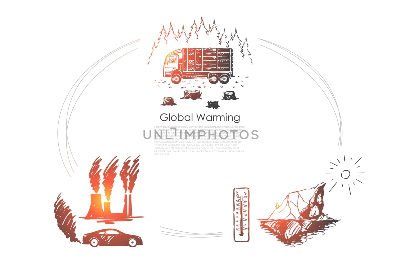Global warming - factory pollution, iceberg melting, cutting down trees vector concept set. Hand drawn sketch isolated illustration