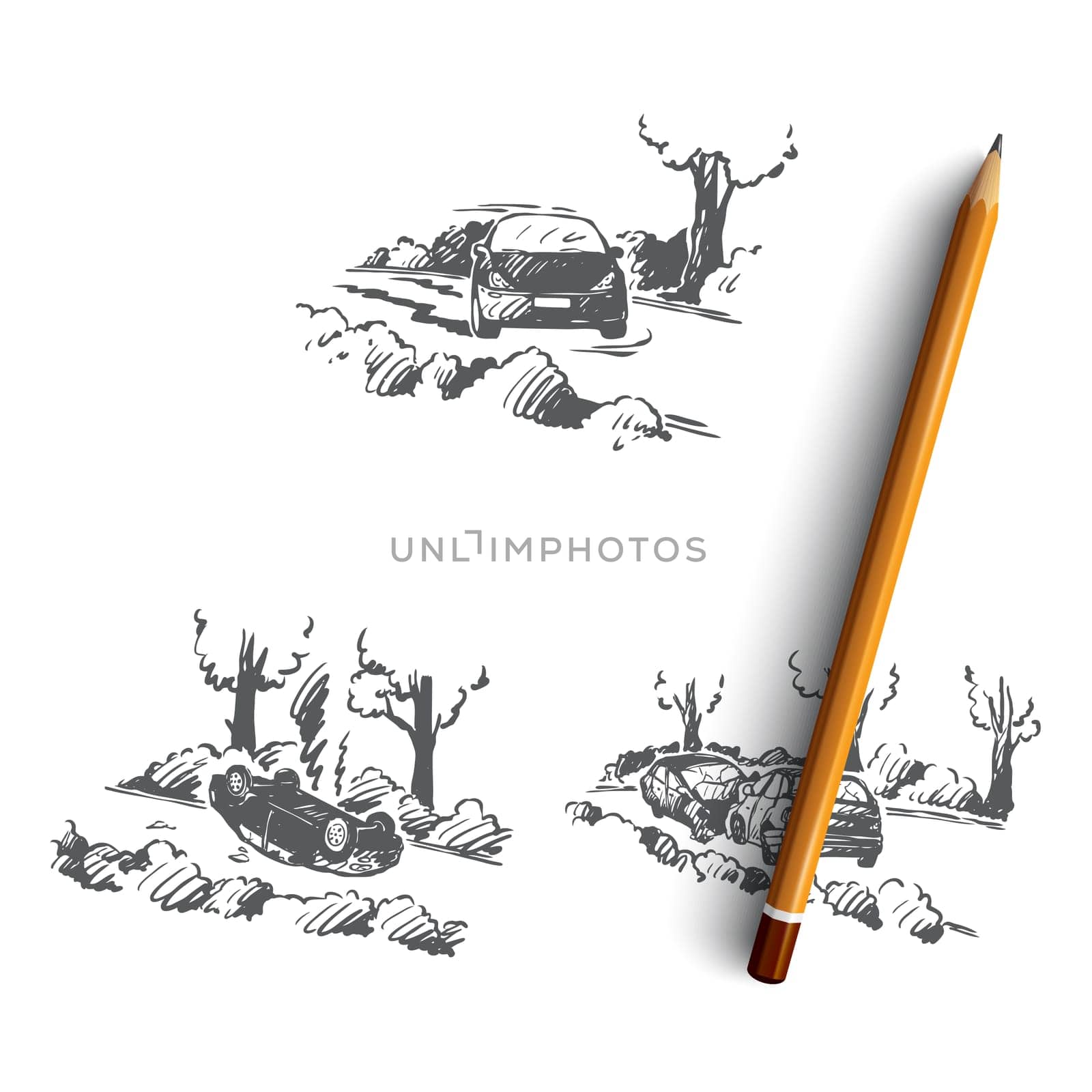 Traffic accident - broken cars at traffic accidents on road outdoors vector concept set. Hand drawn sketch isolated illustration
