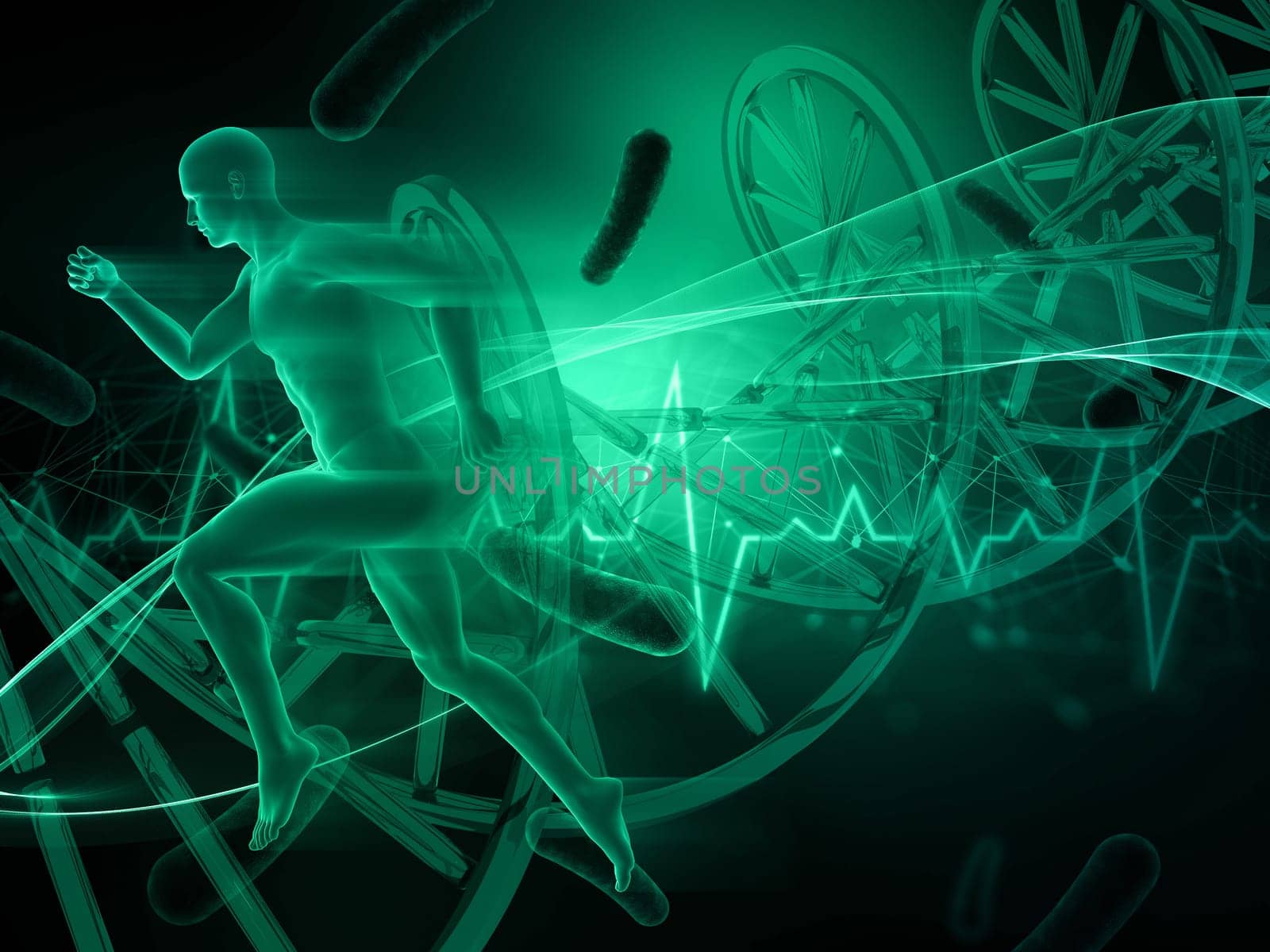 3D render of a male figure running on abstract medical background with heart rate