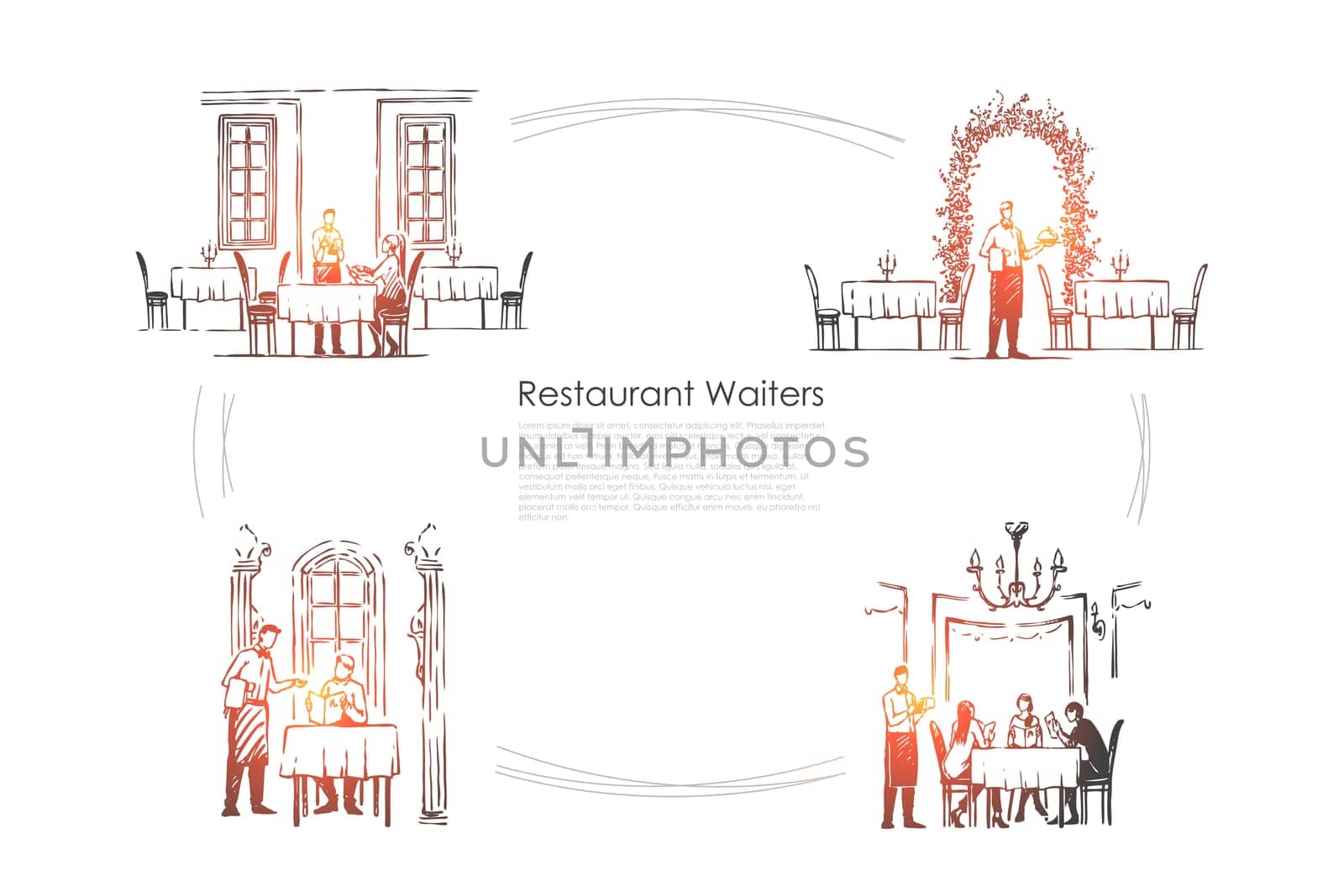 Restaurant waiters - waiters in restaurants getting orders and bringing food vector concept set. Hand drawn sketch isolated illustration