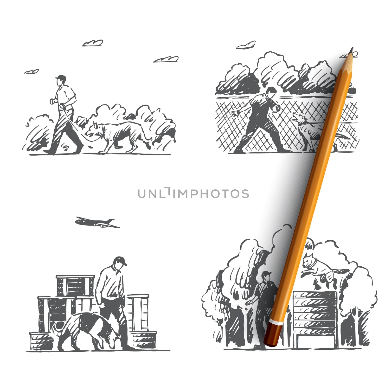 Cynologist - special people training dogs outdoors vector concept set. Hand drawn sketch isolated illustration