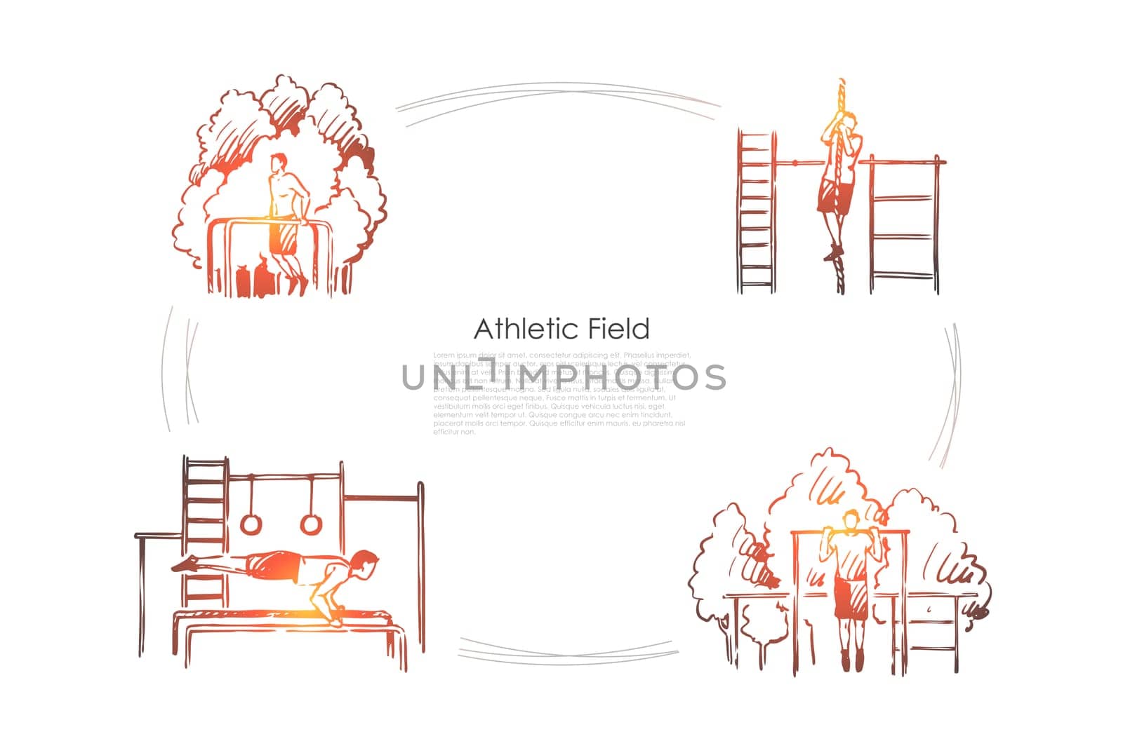 Athletic field - man doing exercises and pulling up on rope on athletic playground vector concept set. Hand drawn sketch isolated illustration