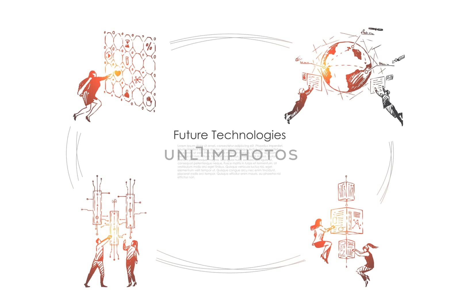 Future technologies - people pushing buttons, looking at screens and exploring technologies of future vector concept set. Hand drawn sketch isolated illustration