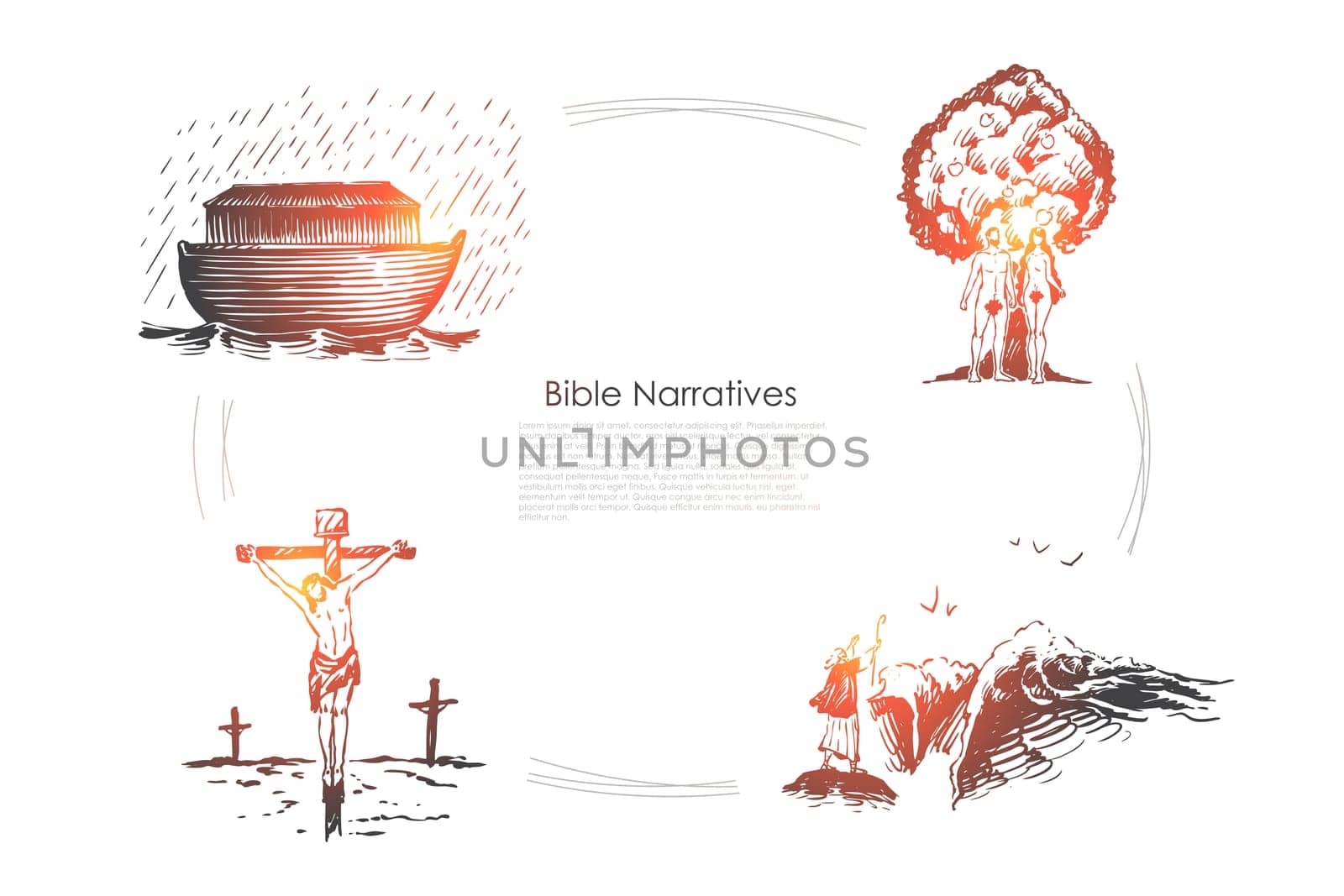 Bible narratives - Noahs ark, Adam and Eve, Jesus Christ vector concept set. Hand drawn sketch isolated illustration