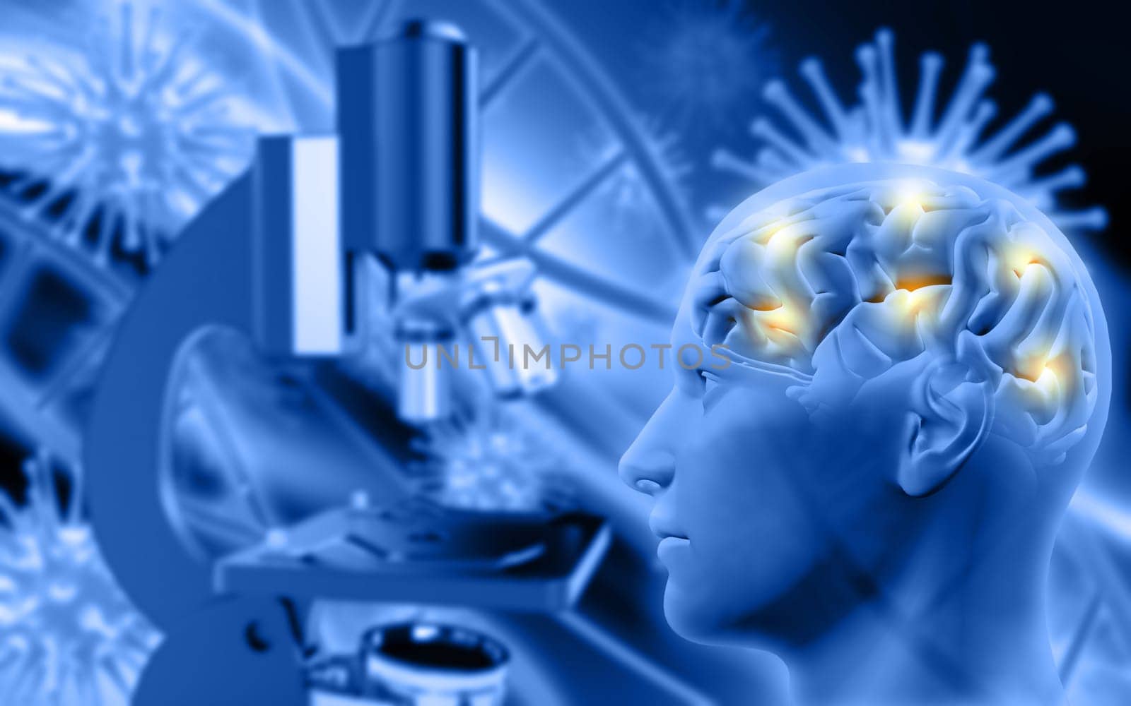 3D render of a male figure with brain on defocussed background with microscope and virus cells