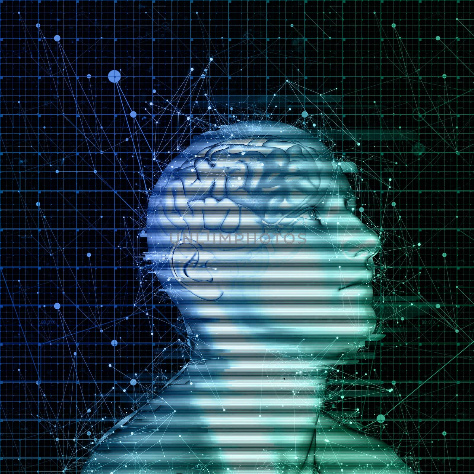 3D render of amale figure with brain highlighted with connecting lines and dots