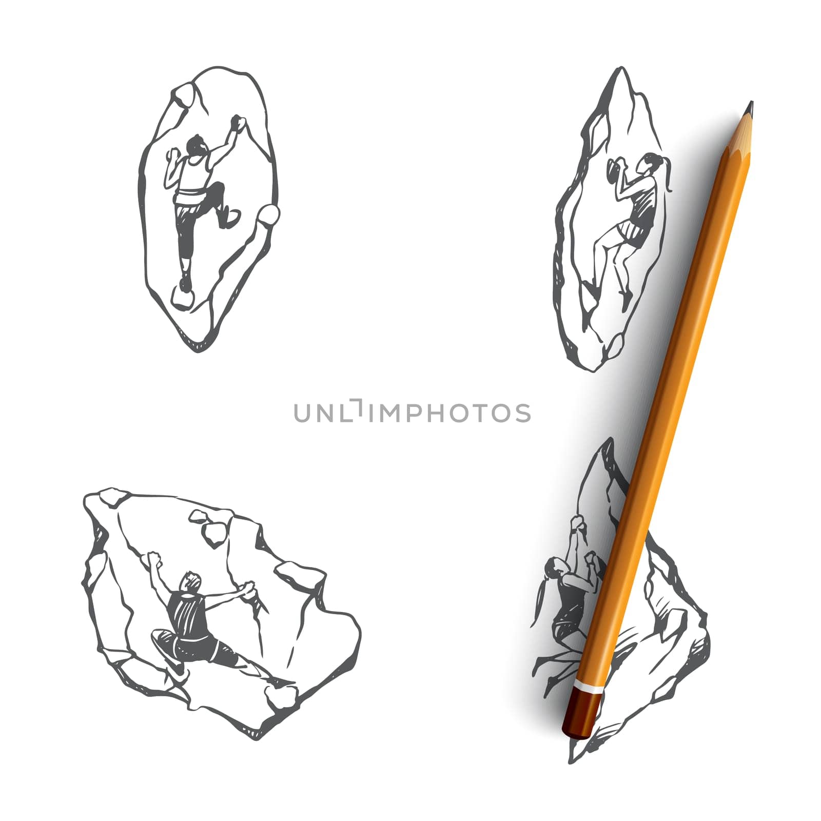Climbing wall - men and women climbing up artificial wall vector concept set. Hand drawn sketch isolated illustration