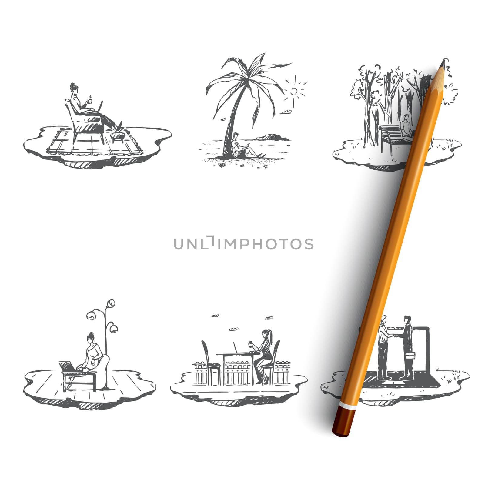 Freelancer - people working with laptops on nature outdoors and in comfortable places vector concept set. Hand drawn sketch isolated illustration