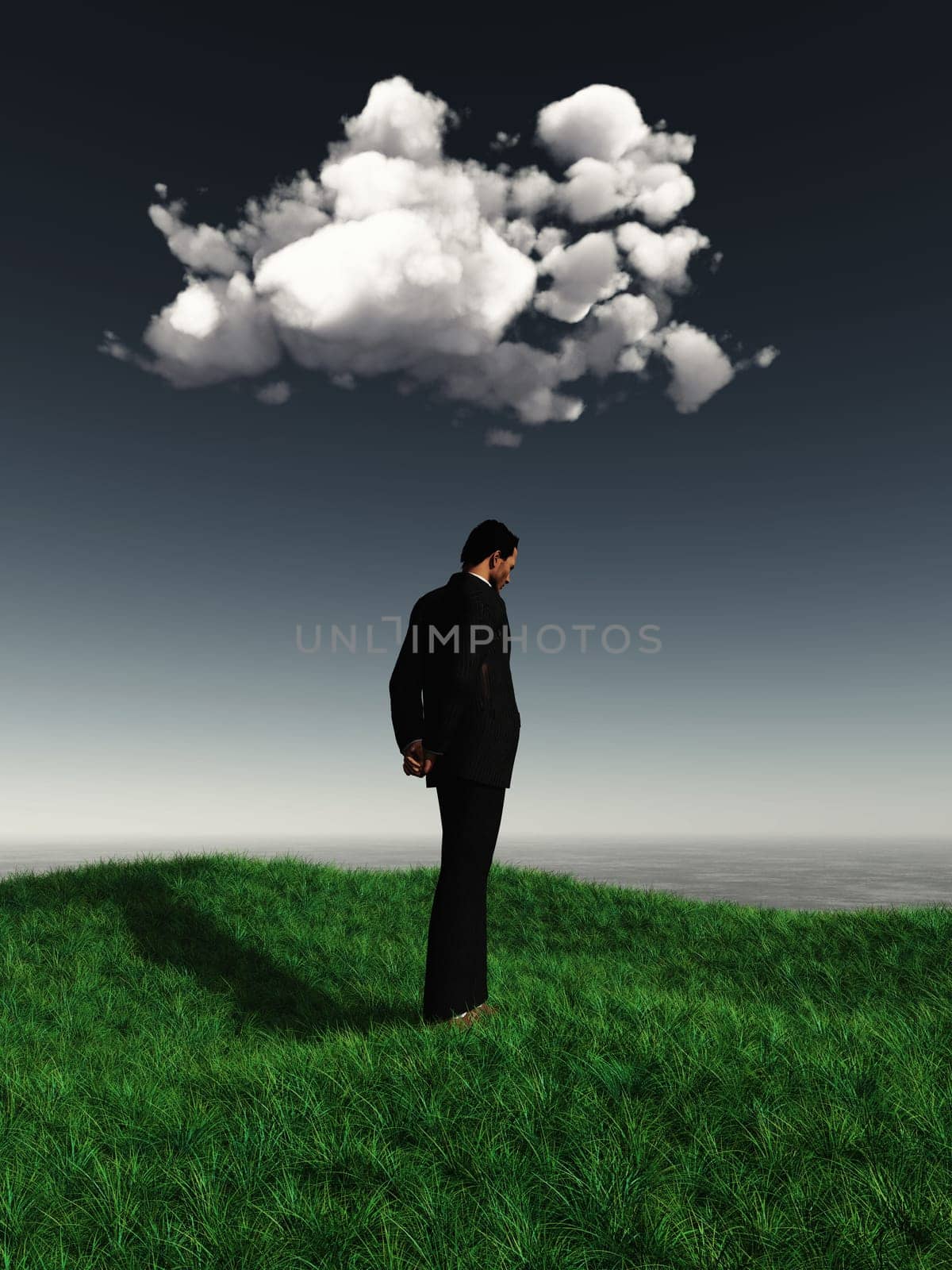 3D render of a male figure looking sad under a cloud