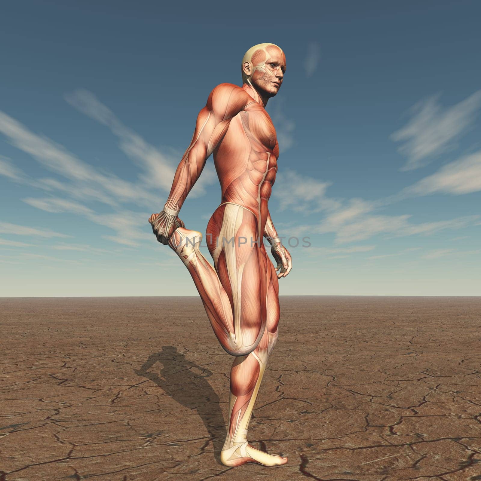 3D render of a male figure with muscle map in stretch pose in barren landscape