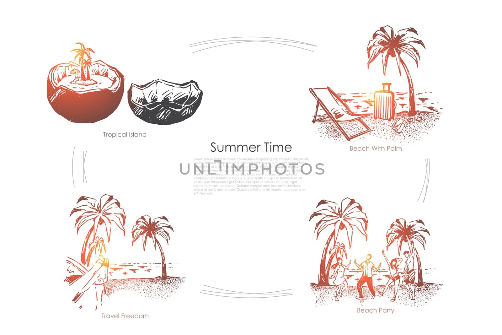Travel to paradise island, seashore with palm trees, exotic vacation, party on sand beach, holiday season banner. Summer recreation, tropical resort concept sketch. Hand drawn vector illustration