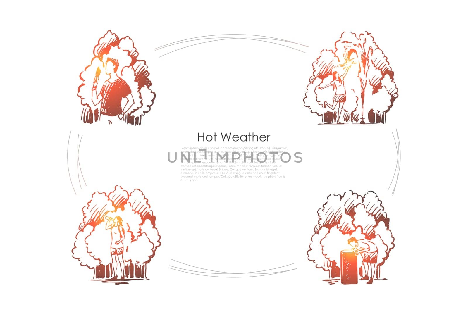 Hot weather- people eating ice cream, playing with fountain, drinking much water on summer vector concept set. Hand drawn sketch isolated illustration