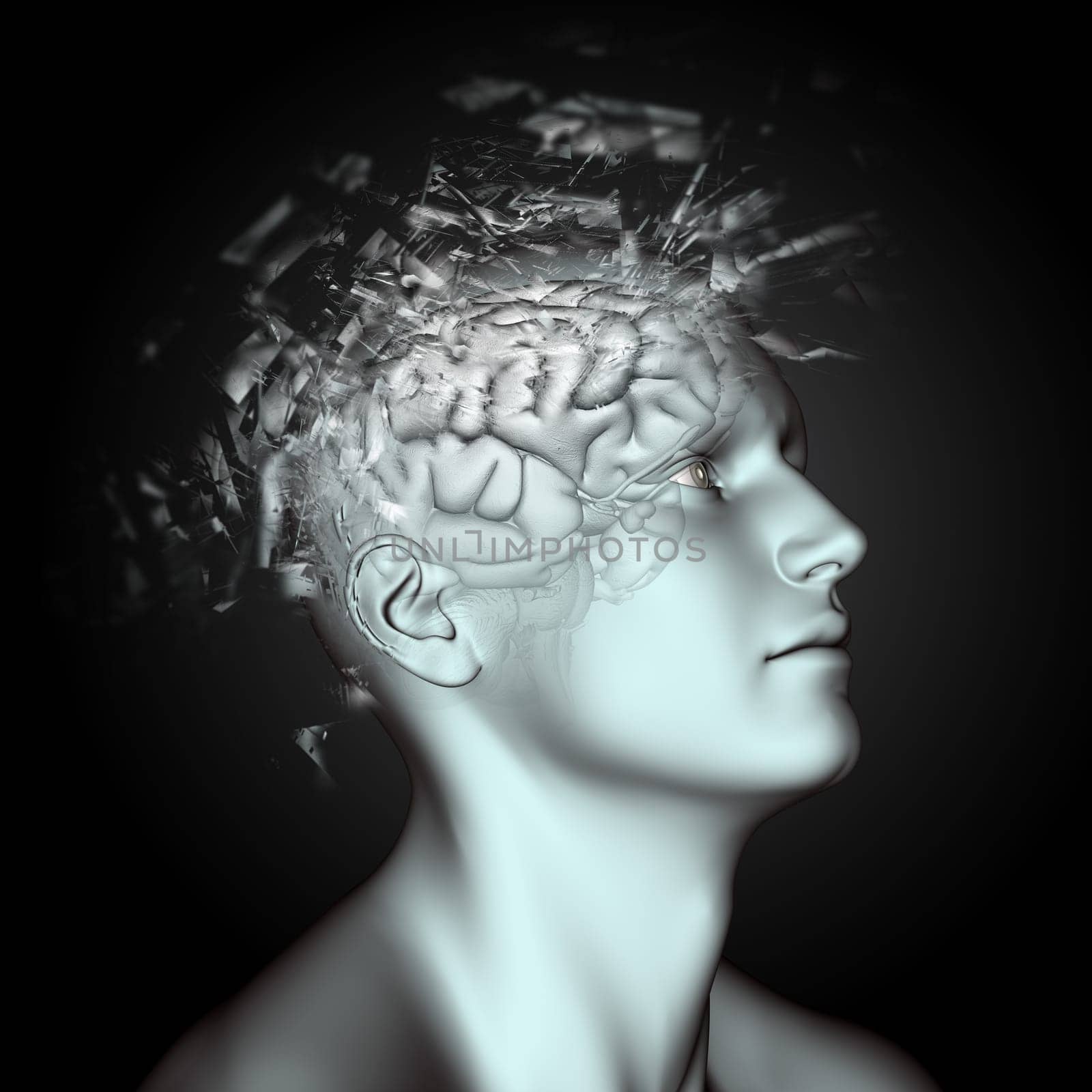 3D render of a male figure with shatter effect on head and brain depicting mental health issues