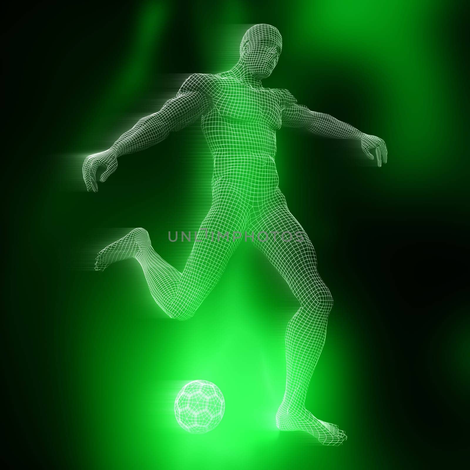 3D render of a male footballer figure with wireframe design