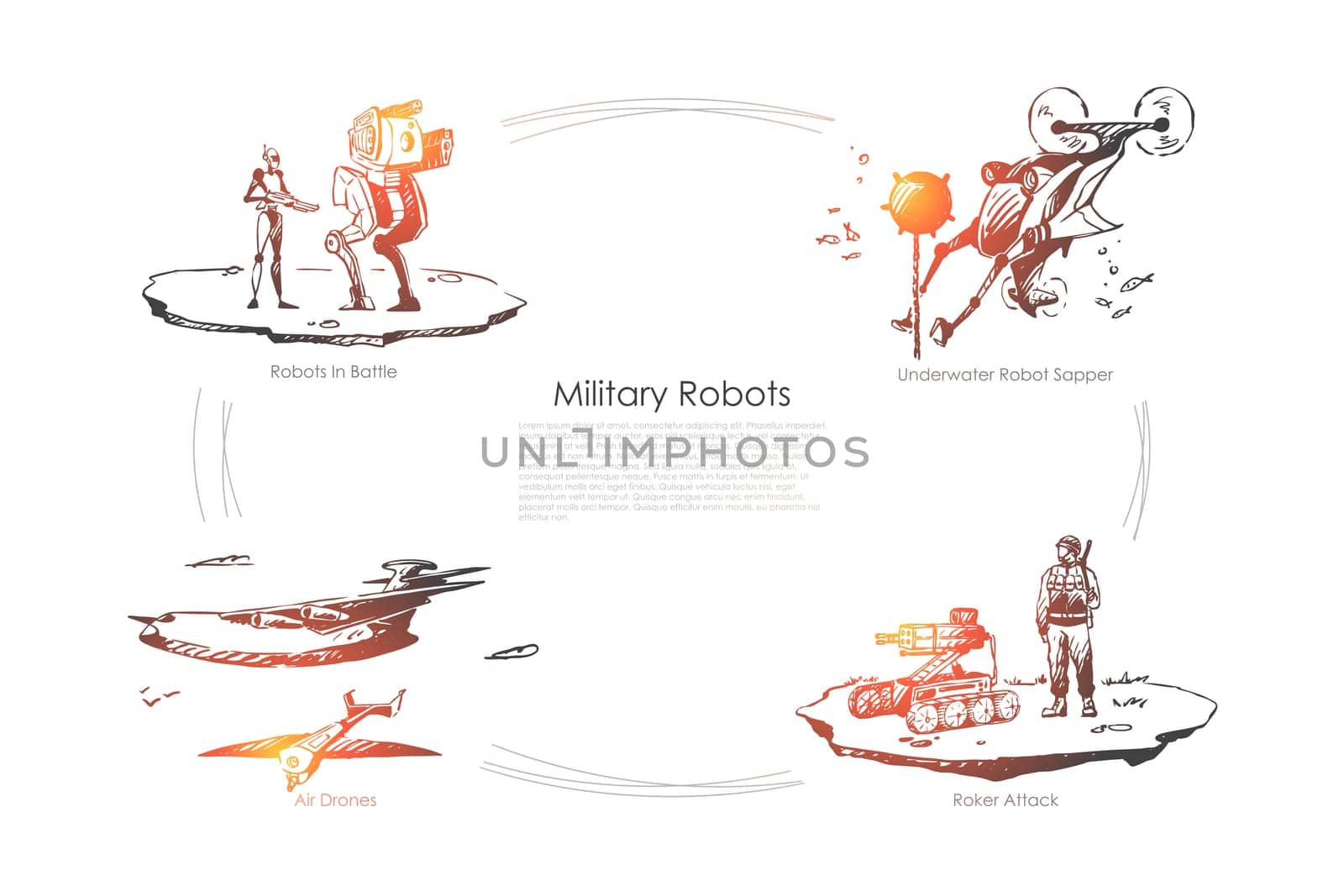 Military robots - robots in battle, underwater sapper, roket attack, air drones vector concept set. Hand drawn sketch isolated illustration