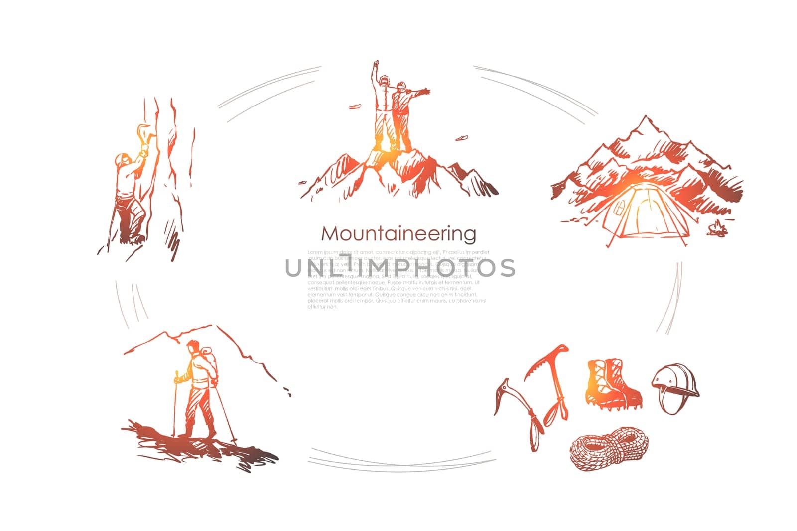 Mountaineering - sportsmen climbing mountains, camping and special equipment vector concept set. Hand drawn sketch isolated illustration