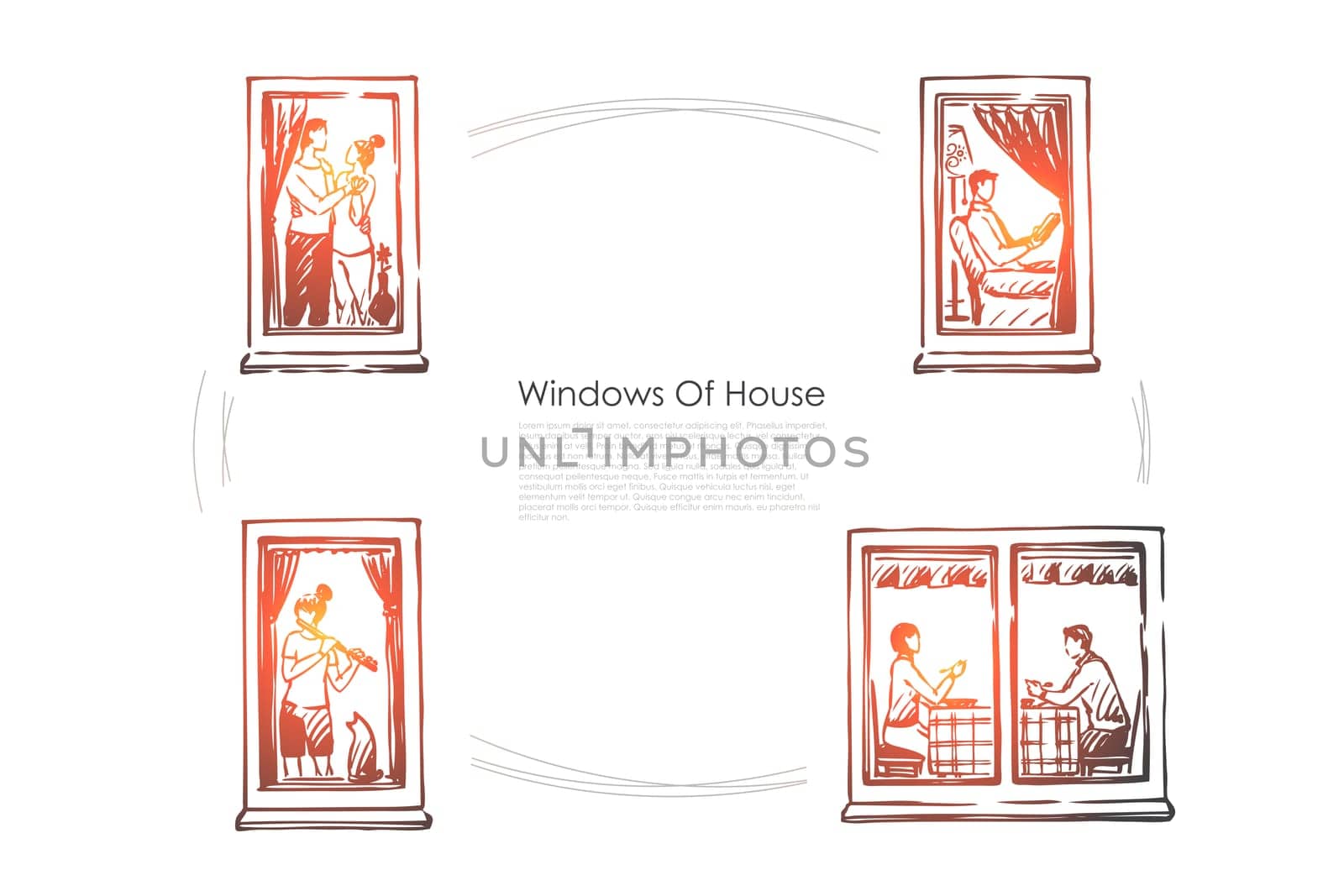 Windows of house - people dancing, reading, playing music, eating in windows of their flats vector concept set. Hand drawn sketch isolated illustration