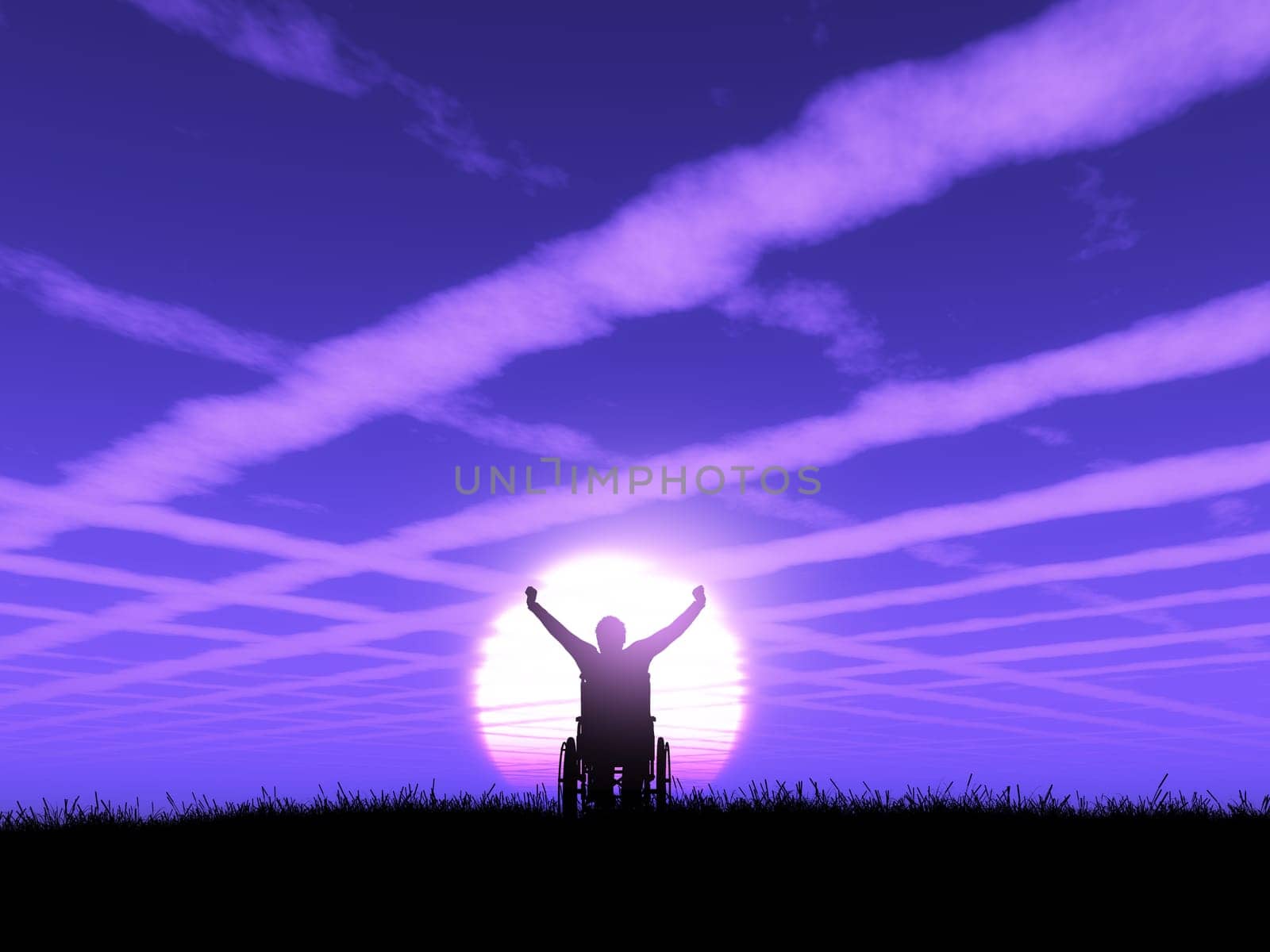 3D render of a male in wheelchair with arms raised against a purple sunset landscape with cloud trails in the sky