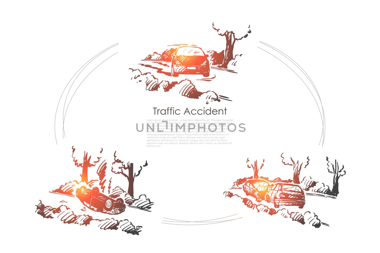 Traffic accident - broken cars at traffic accidents on road outdoors vector concept set. Hand drawn sketch isolated illustration