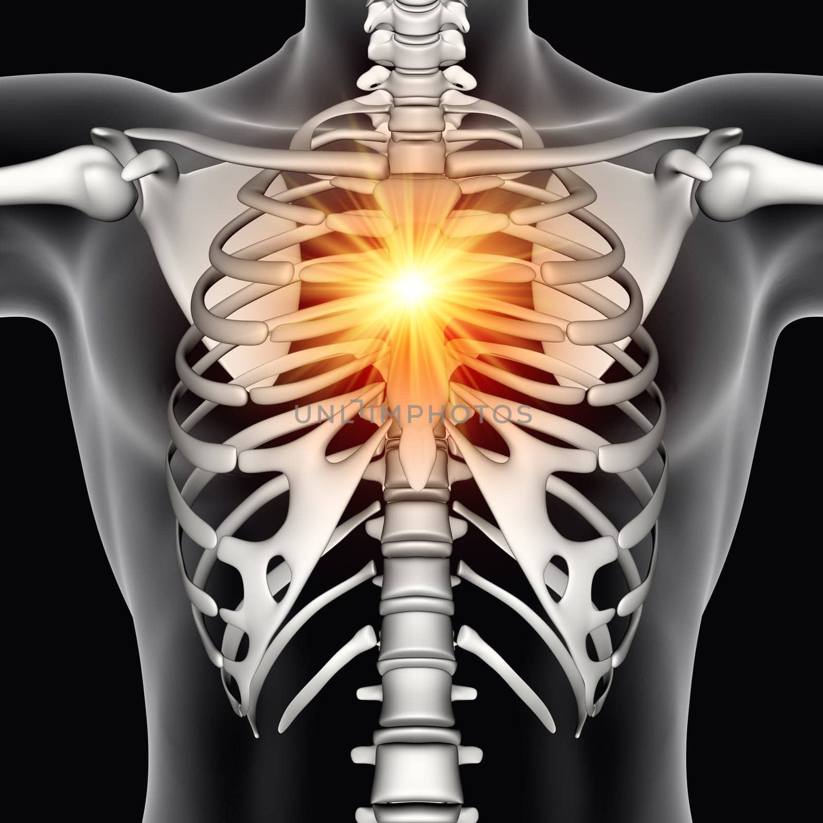 3D render of a male medical figure with chest bone highlighted