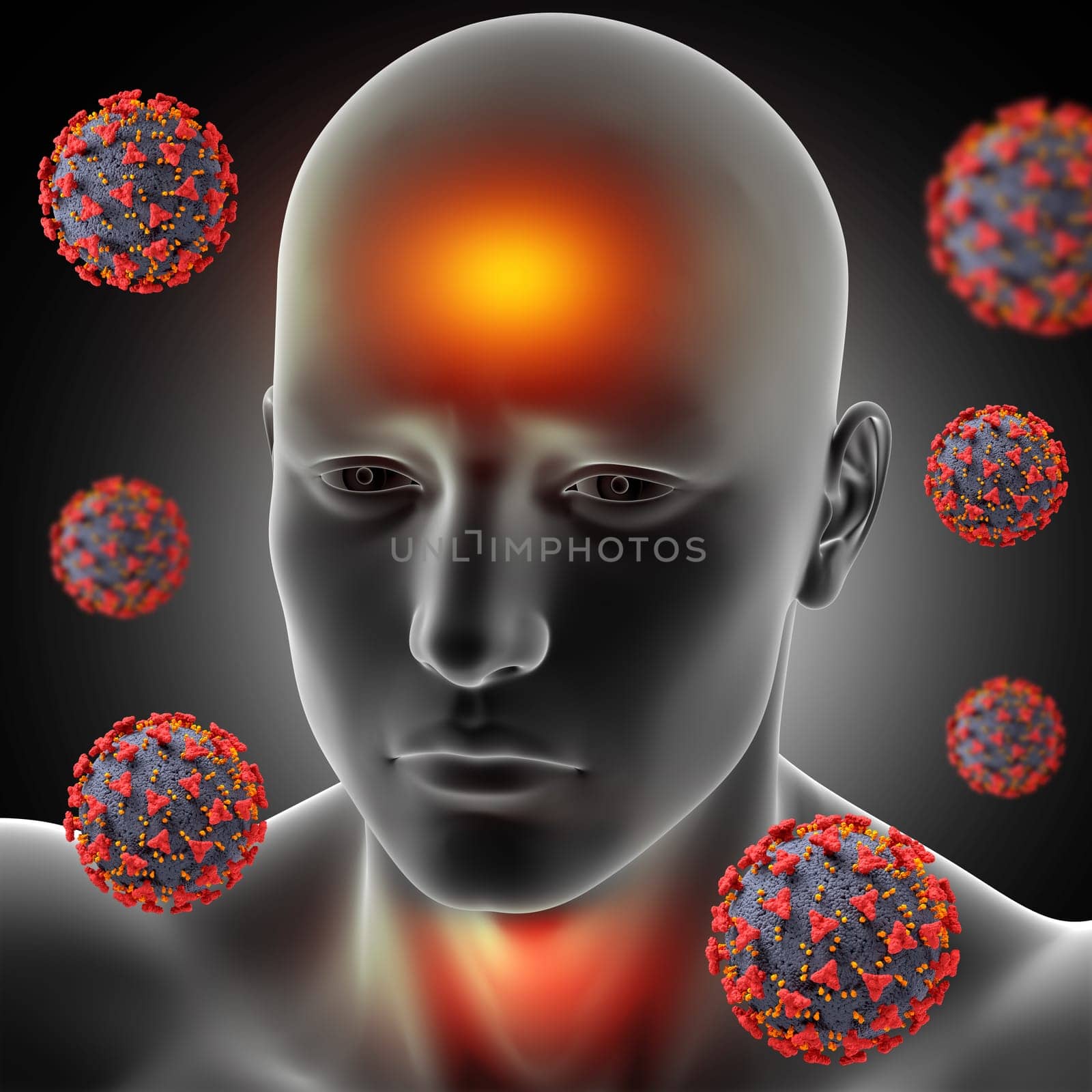 3D render of a male medical figure with fever, sore throat and Covid 19 virus cells