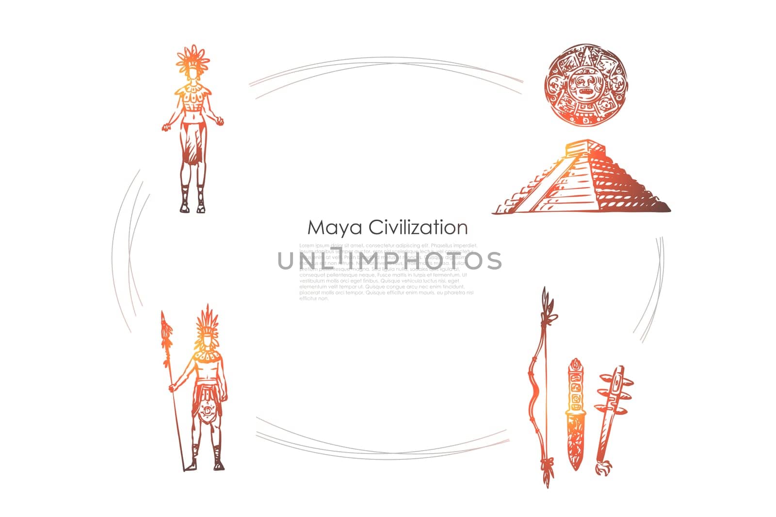Maya civilization - Maya people, tools and pyramid vector concept set. Hand drawn sketch isolated illustration