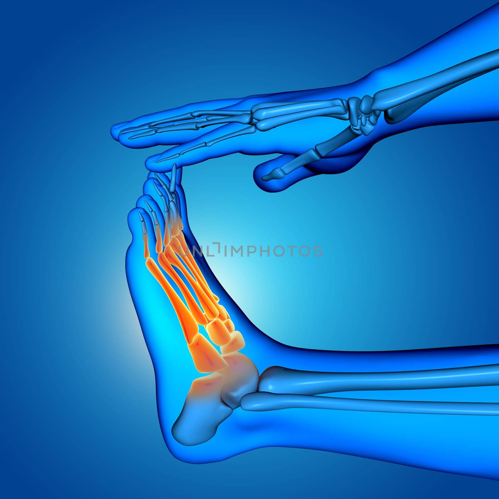 3D render of a male medical figure with close up of foot with bones highlighted