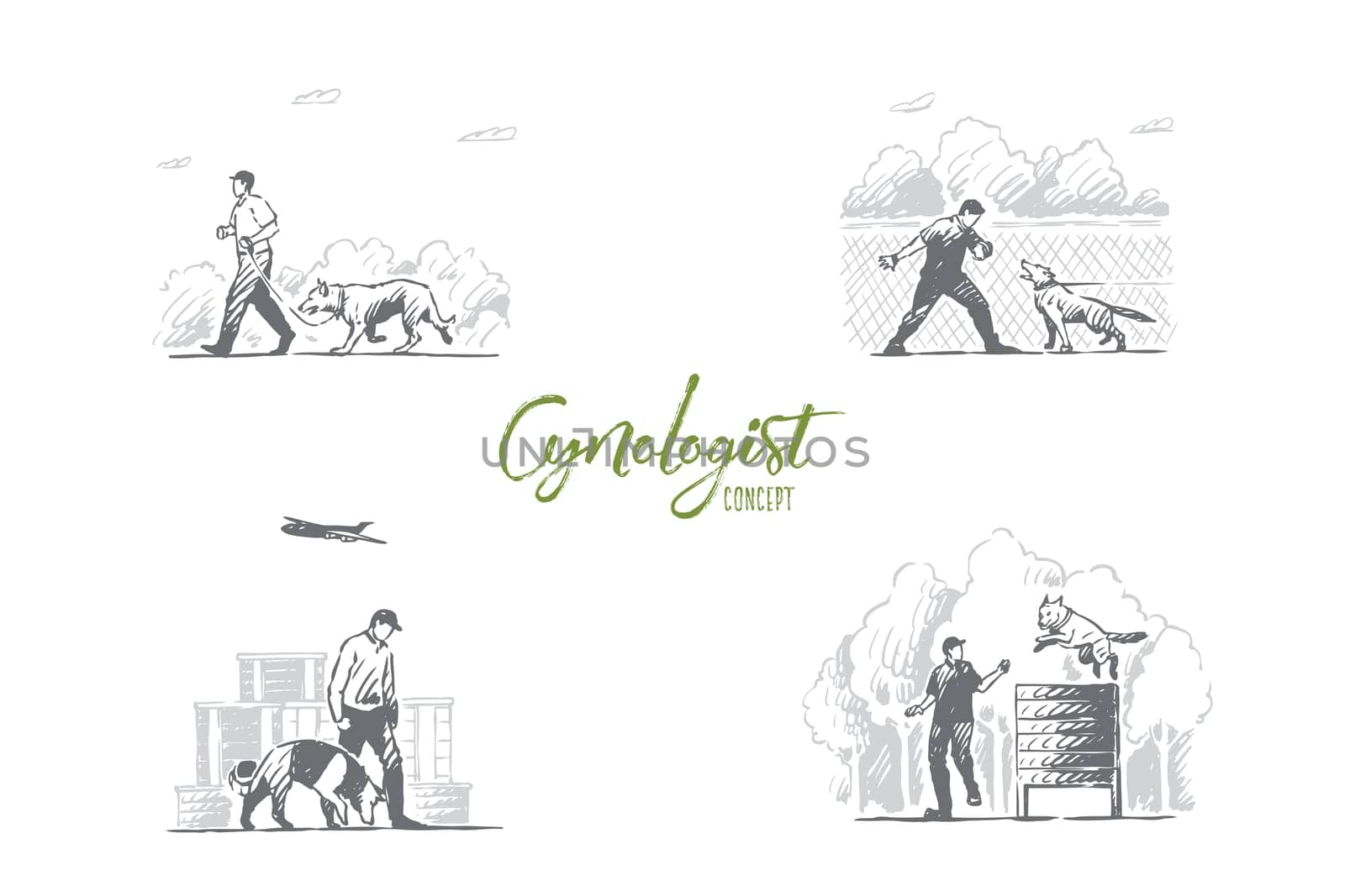 Cynologist - special people training dogs outdoors vector concept set. Hand drawn sketch isolated illustration