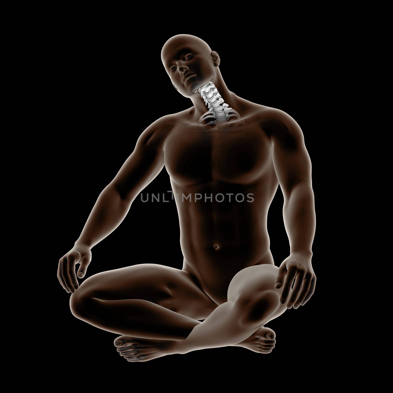 3D render of a male medical figure with neck bones highlighted