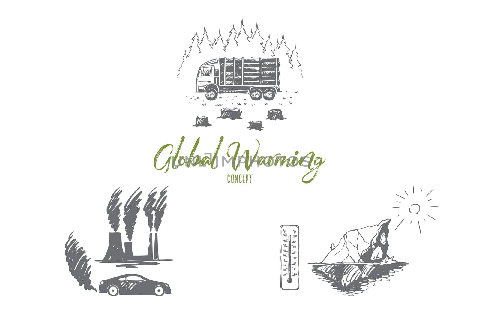 Global warming - factory pollution, iceberg melting, cutting down trees vector concept set. Hand drawn sketch isolated illustration
