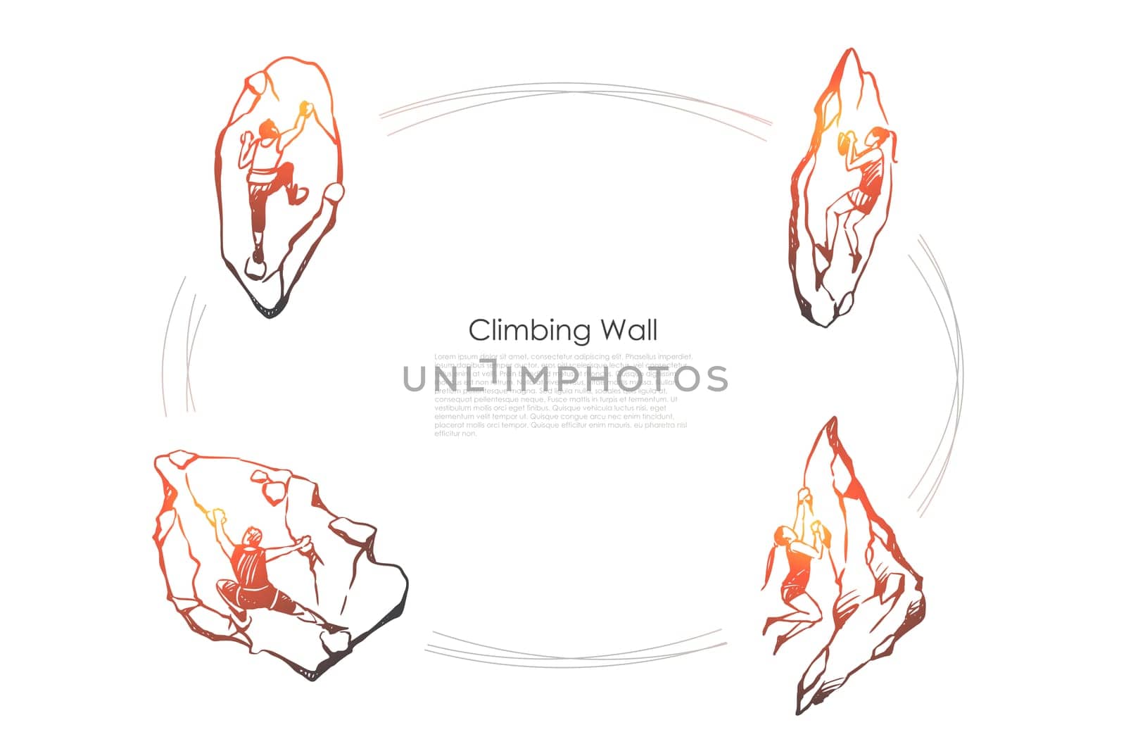 Climbing wall - men and women climbing up artificial wall vector concept set. Hand drawn sketch isolated illustration