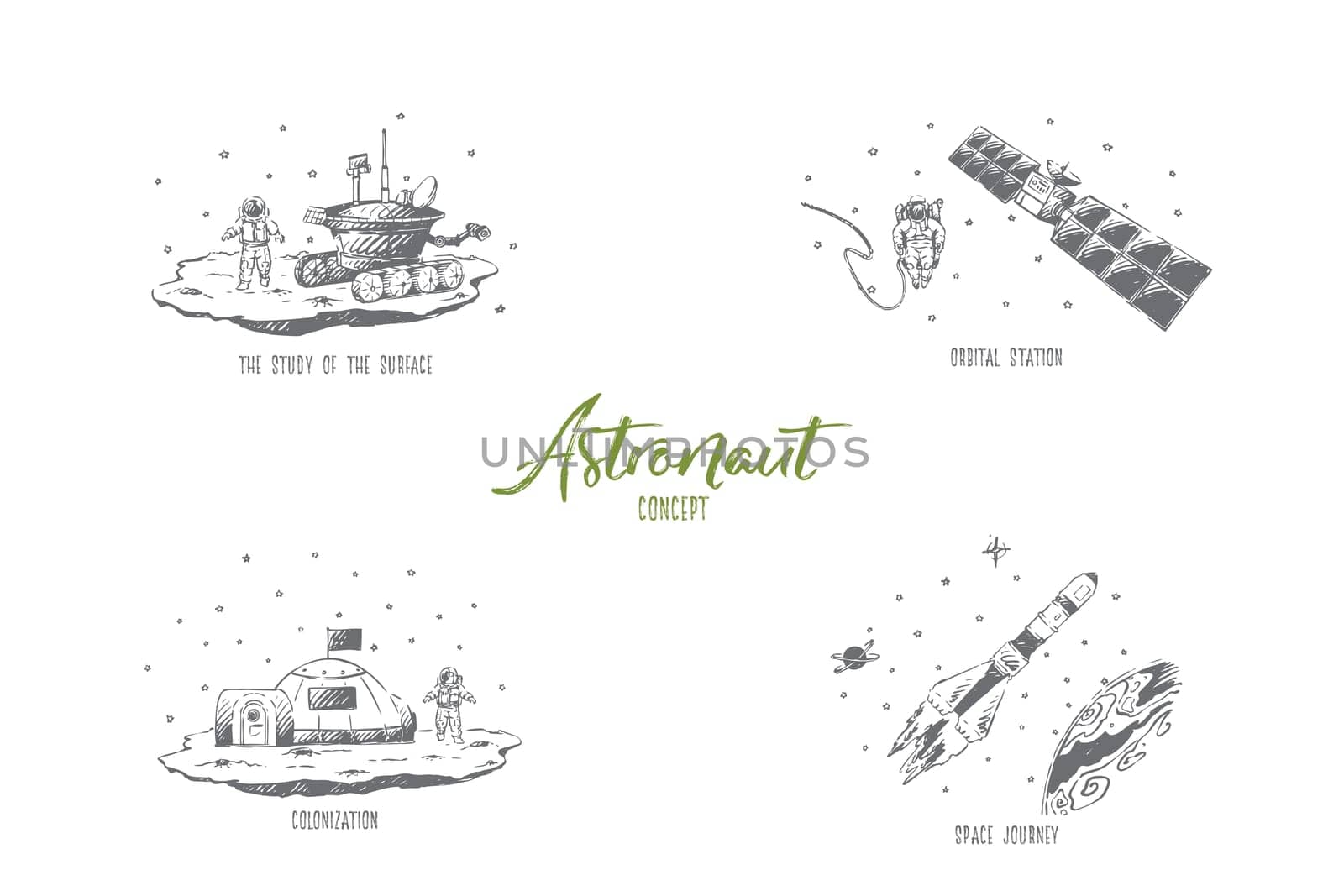 Astronaut - study of surface, orbital station, space journey, colonization vector concept set. Hand drawn sketch isolated illustration