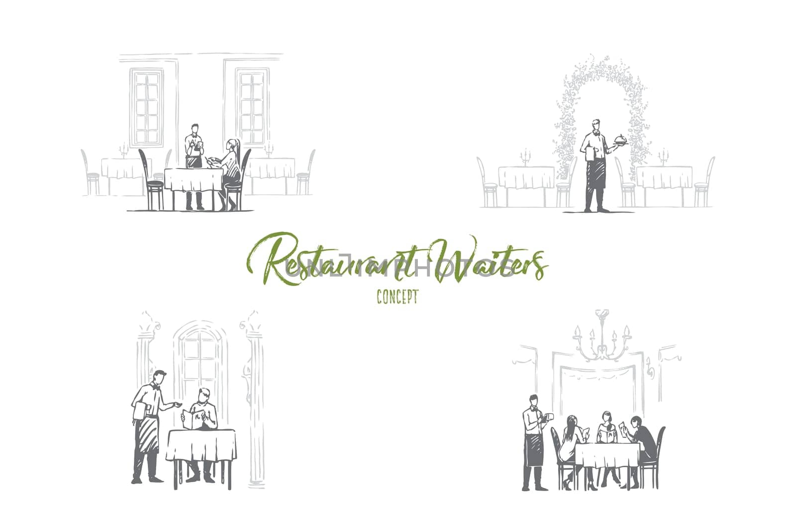 Restaurant waiters - waiters in restaurants getting orders and bringing food vector concept set. Hand drawn sketch isolated illustration