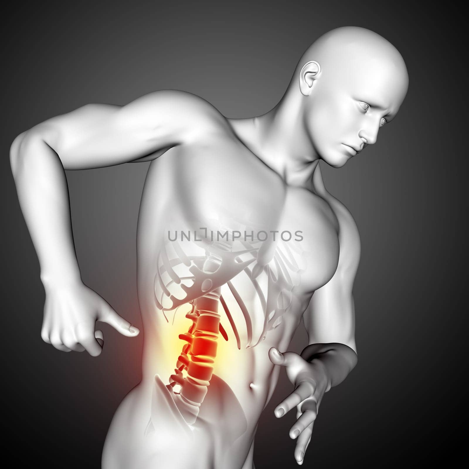 3D render of a male medical figure with close up of spine side view