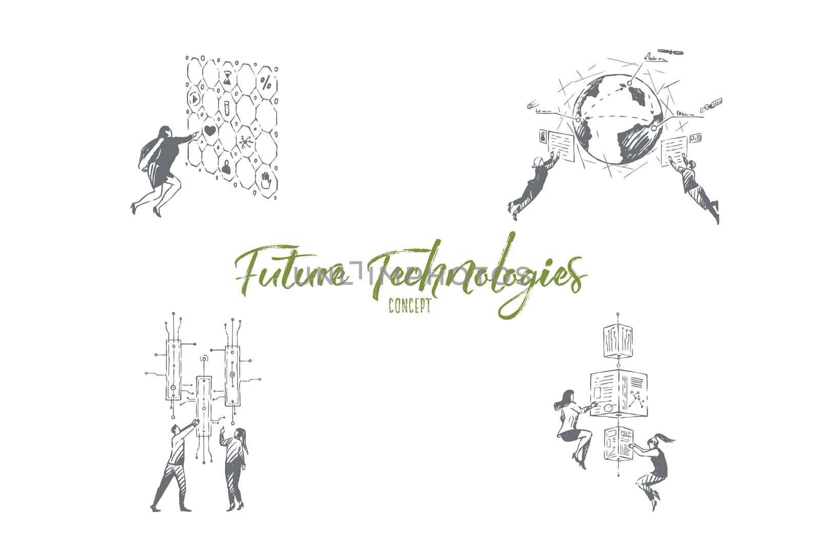 Future technologies - people pushing buttons, looking at screens and exploring technologies of future vector concept set. Hand drawn sketch isolated illustration
