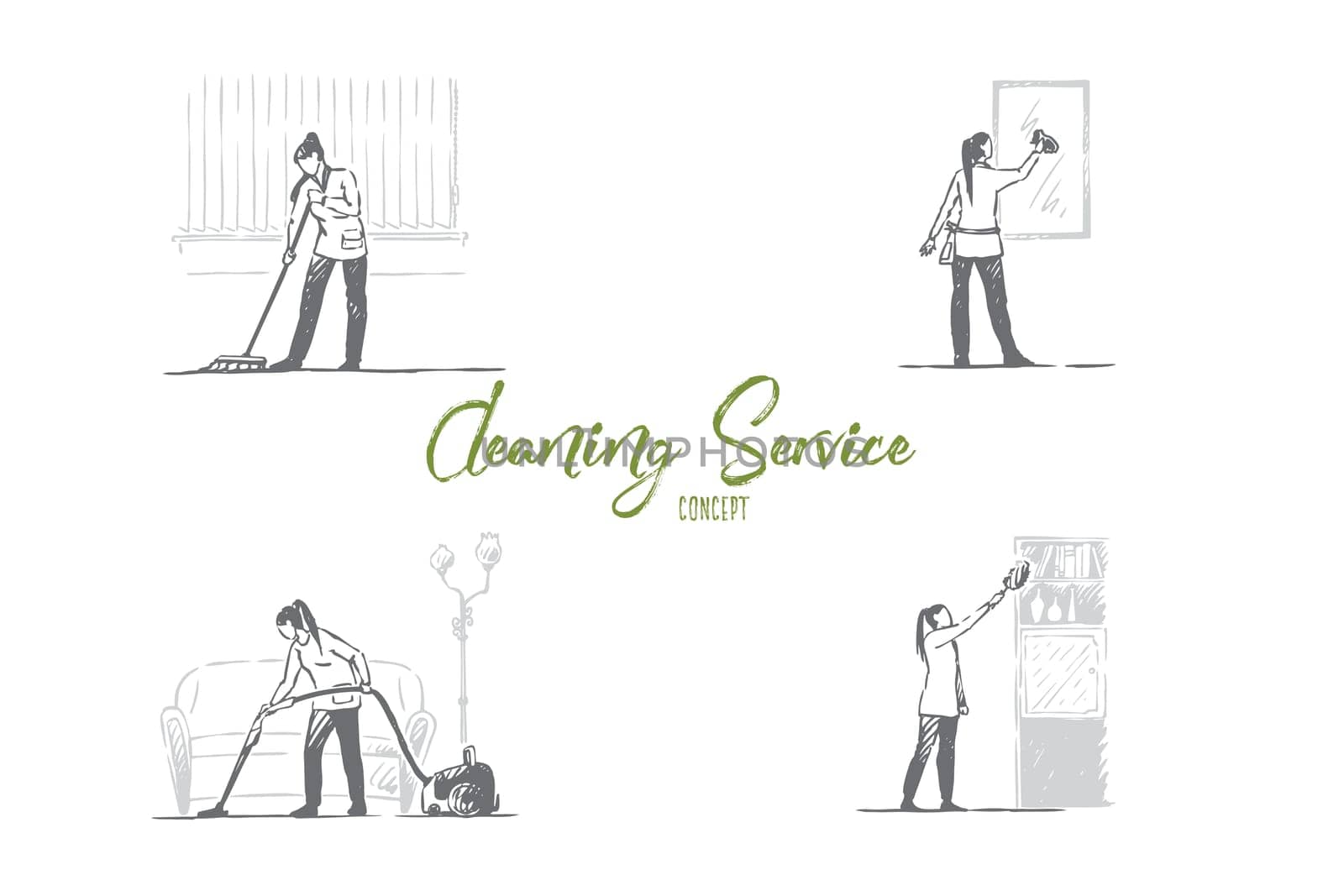 Cleaning service - washing floor, mirrors, shelves and vacuuming vector concept set. Hand drawn sketch isolated illustration
