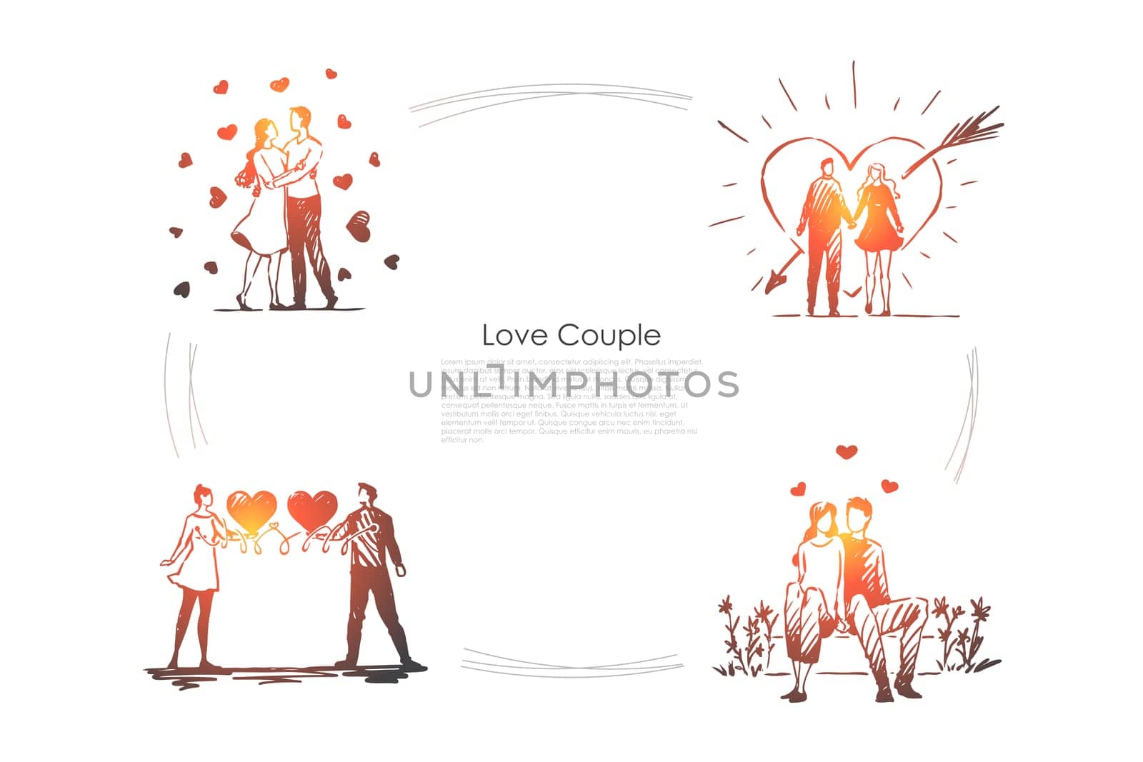 Love couple - loving romantic couple walking outdoor and hugging each other vector concept set. Hand drawn sketch isolated illustration