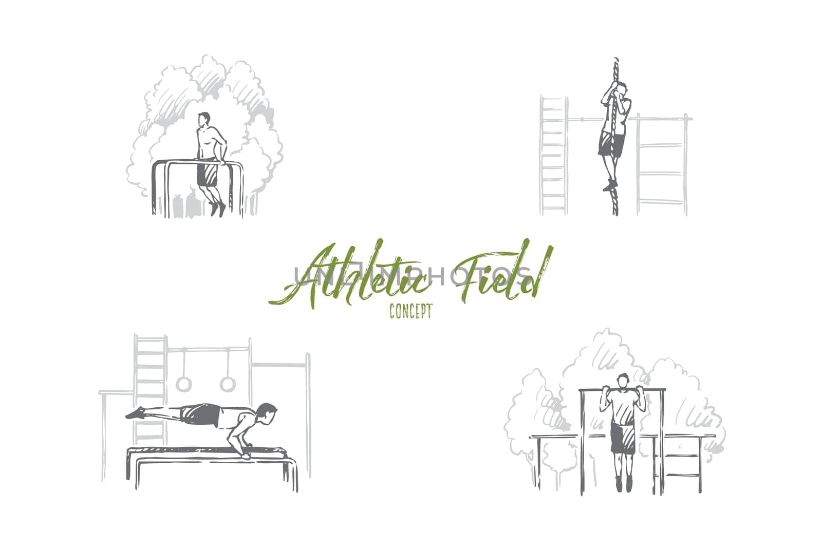 Athletic field - man doing exercises and pulling up on rope on athletic playground vector concept set. Hand drawn sketch isolated illustration