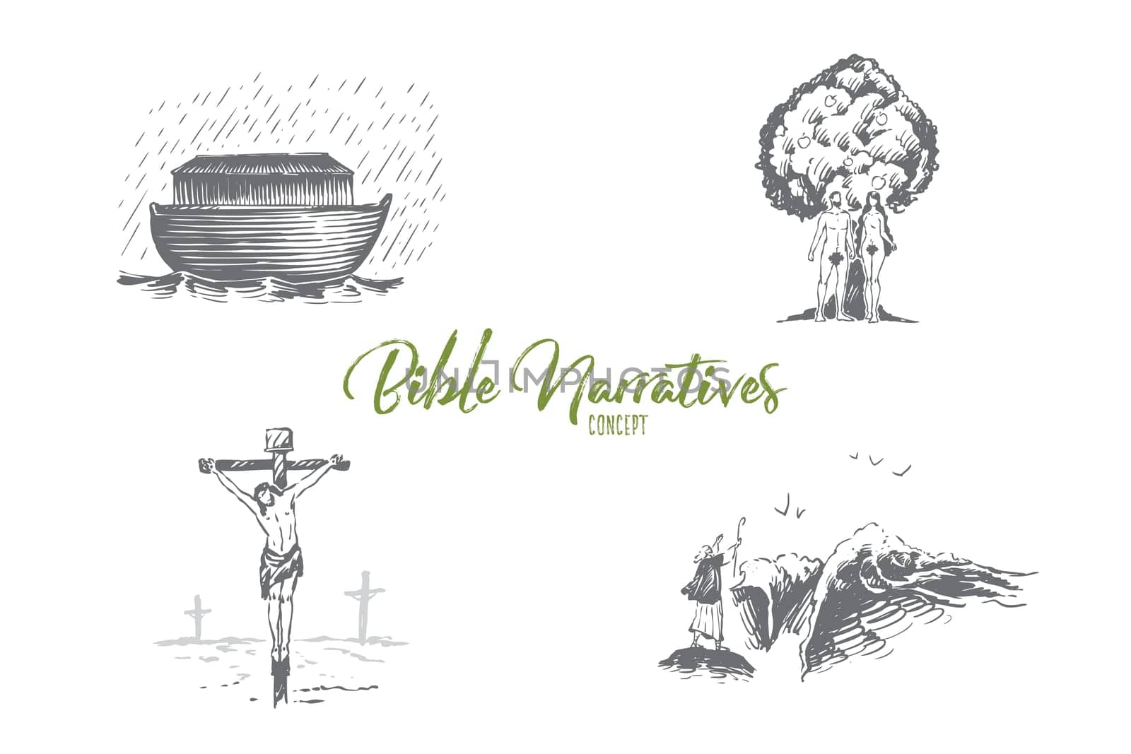 Bible narratives - Noahs ark, Adam and Eve, Jesus Christ vector concept set. Hand drawn sketch isolated illustration