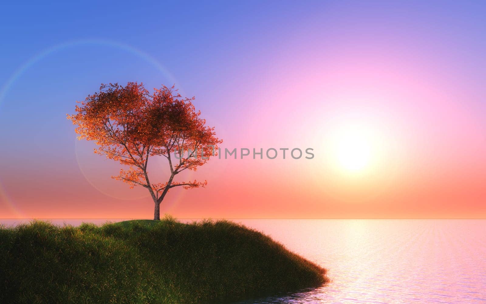3D render of a maple tree against a sunset sky