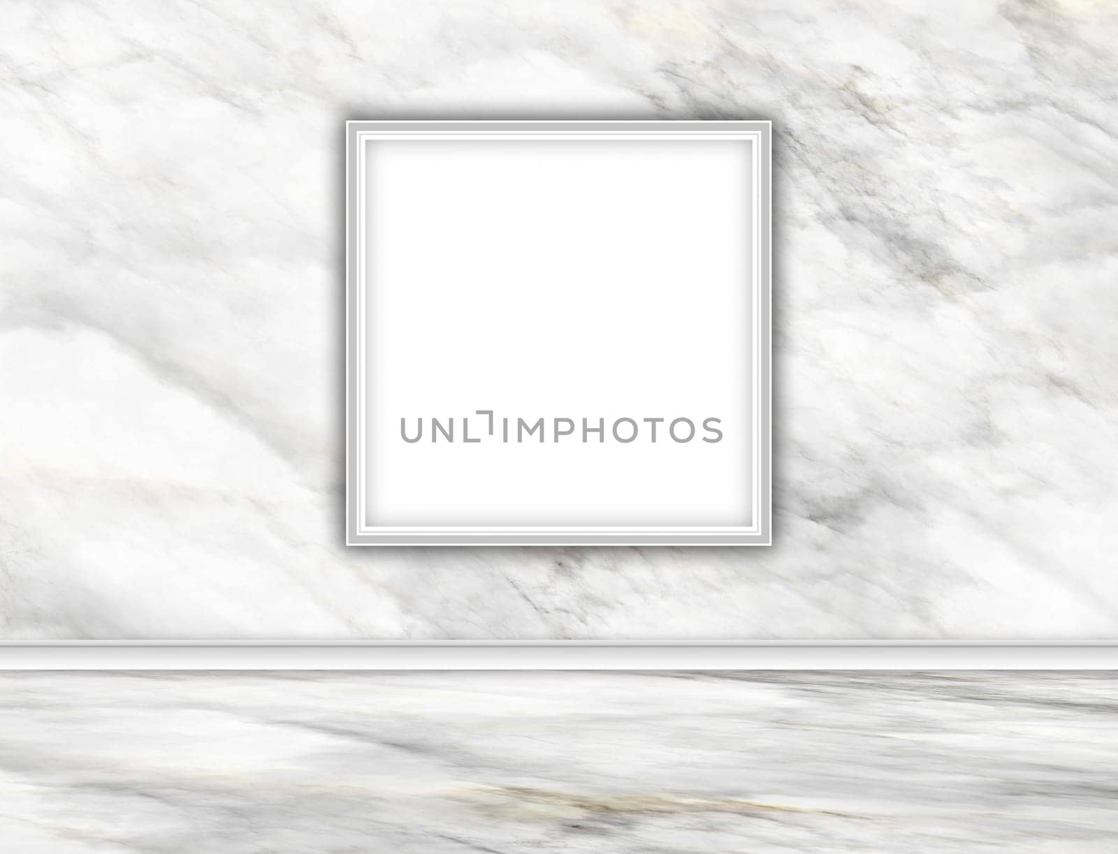 3D render of a marble room interior with blank picture frame