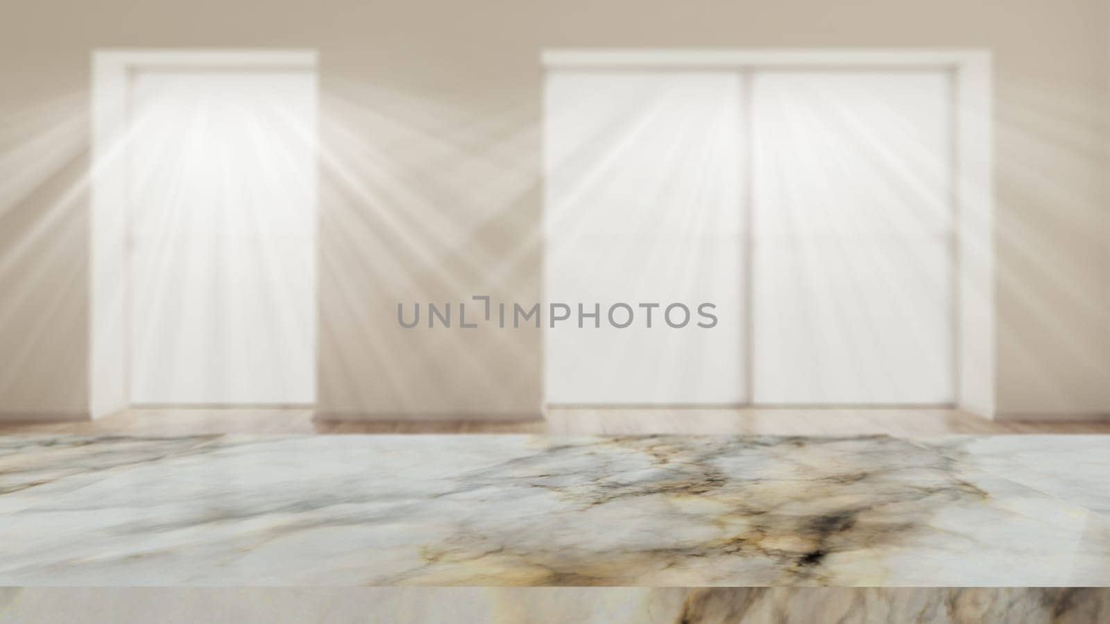 3D render of a marble table against a defocussed room interior