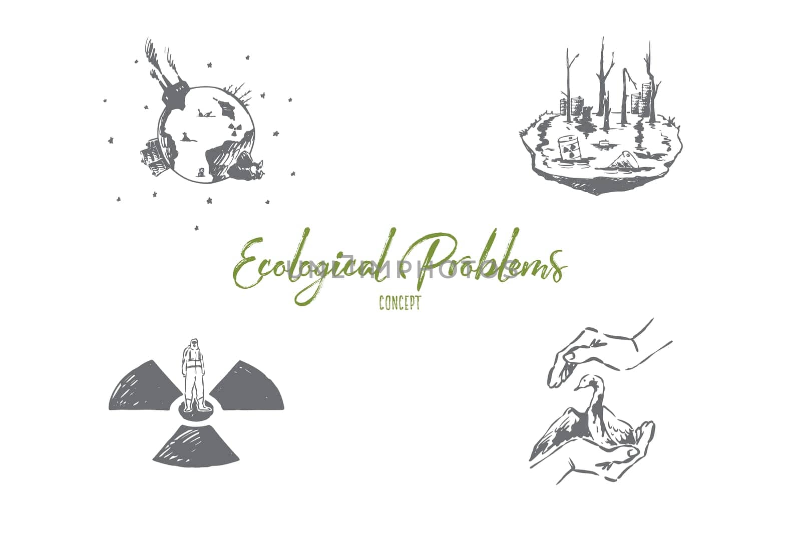Ecological problems - saving of rare species, pollution, global wrming vector concept set. Hand drawn sketch isolated illustration