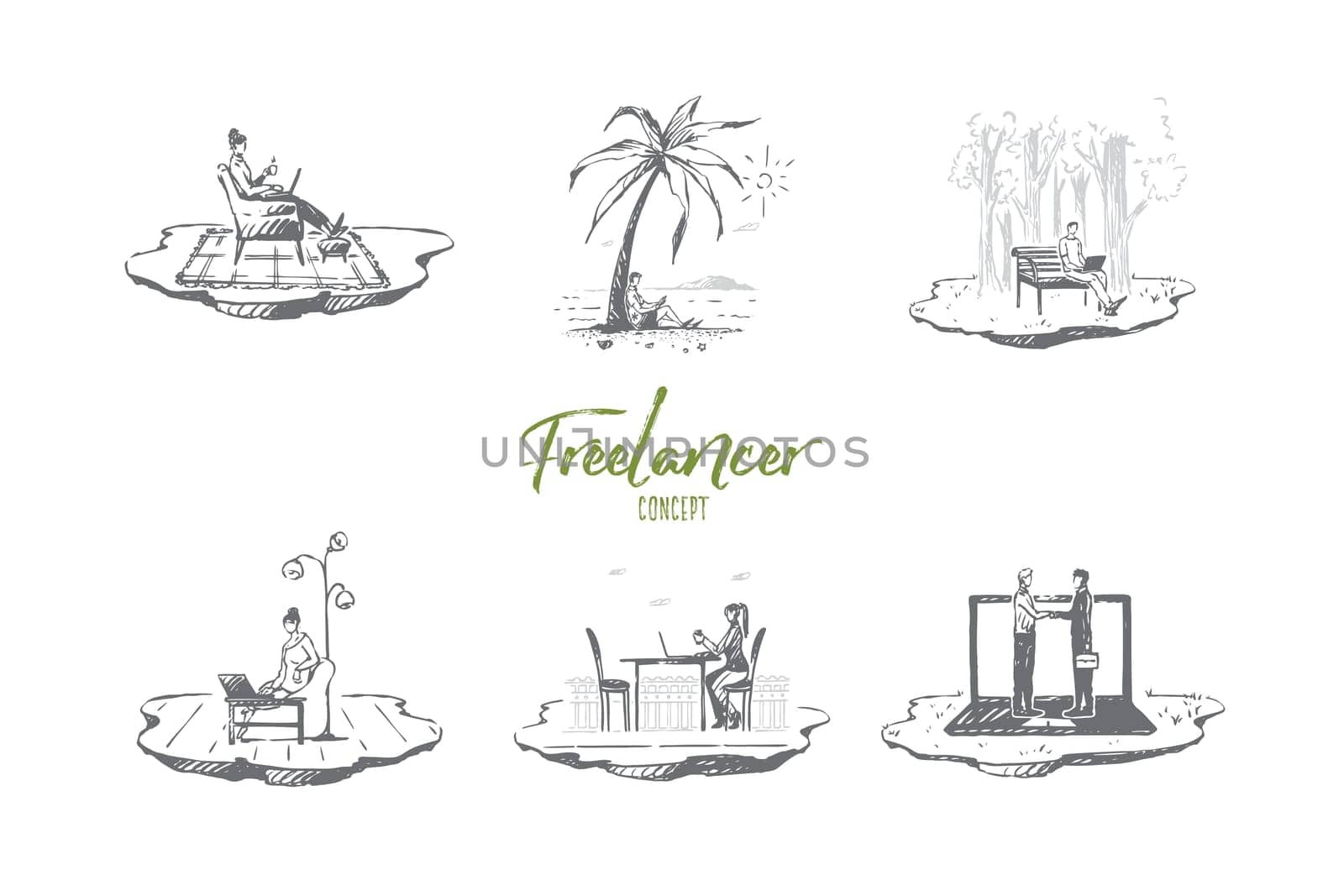 Freelancer - people working with laptops on nature outdoors and in comfortable places vector concept set. Hand drawn sketch isolated illustration