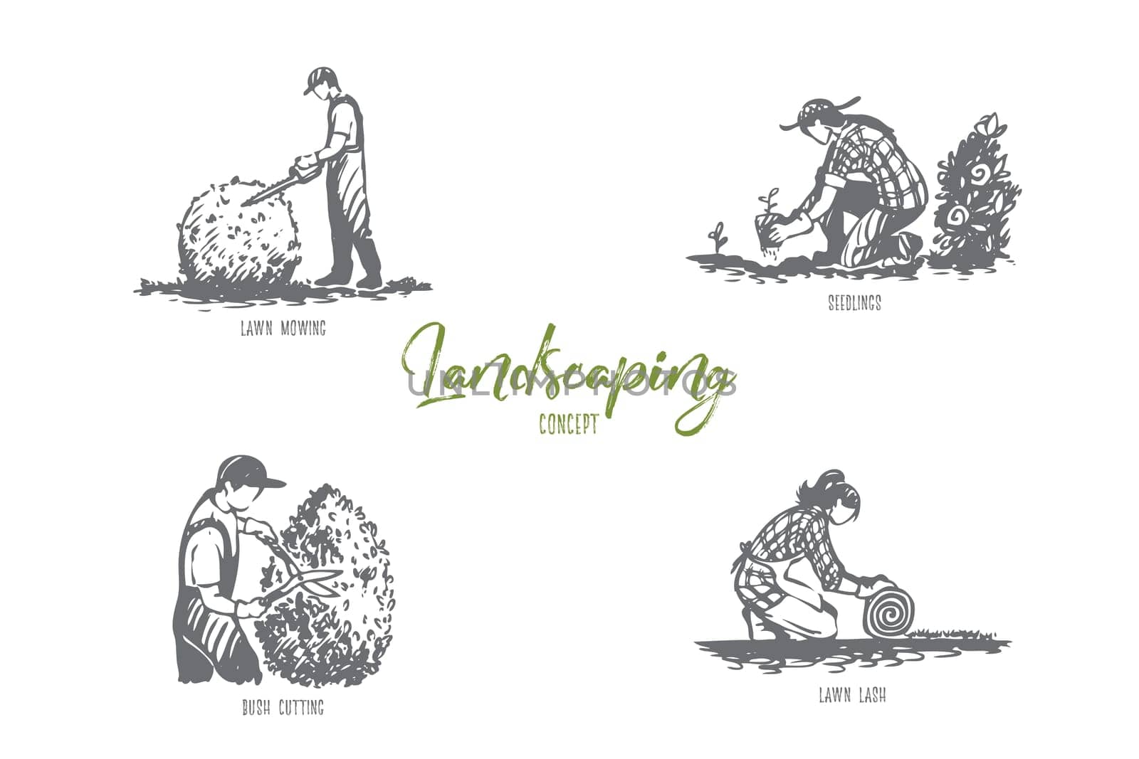 Landscaping- lawn mowing, seedlings, lawn lash, bush cutting vector concept set. Hand drawn sketch isolated illustration