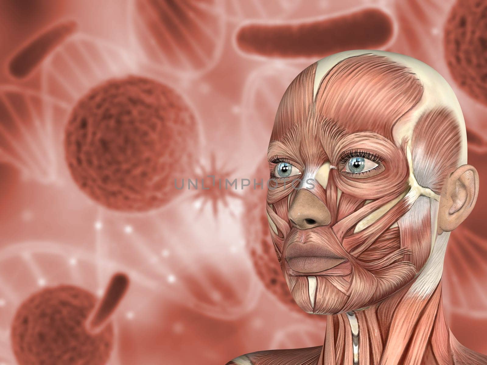 3D render of a medical background female face with muscle map on virus cells